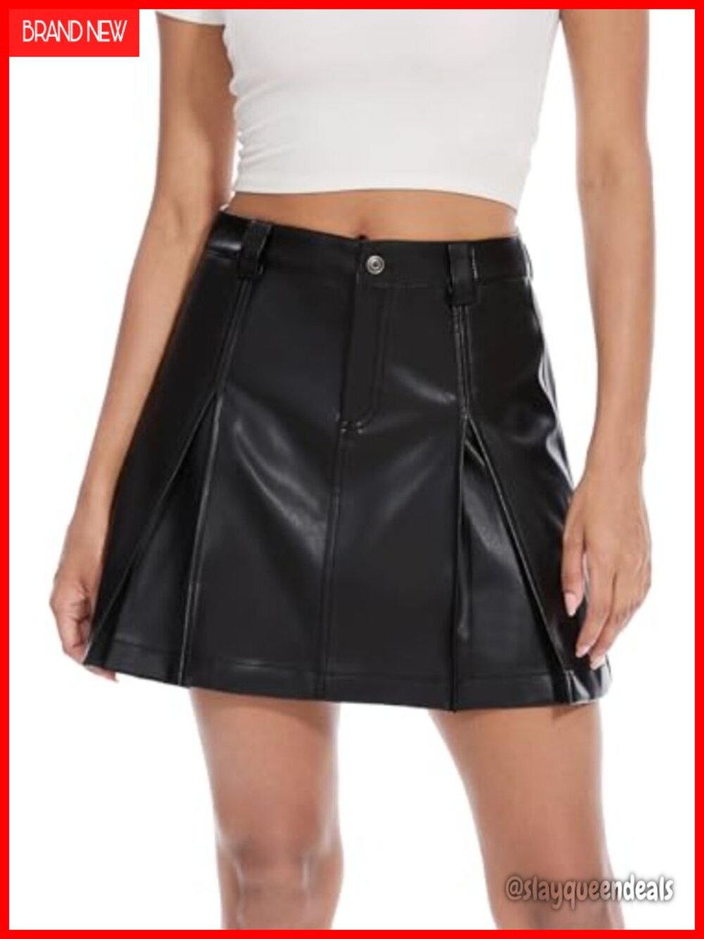 Faux Leather Pleated Mini Skirt High Waist A-Line Ruffled